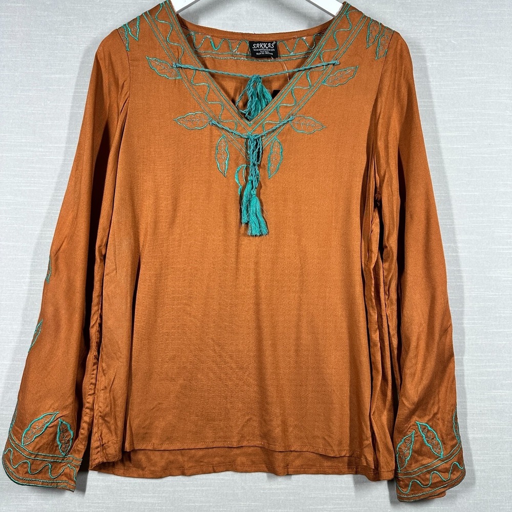 Sakkas Blouse Womans Medium Large Orange Flowy Embroidered Tassel Tunic Boho